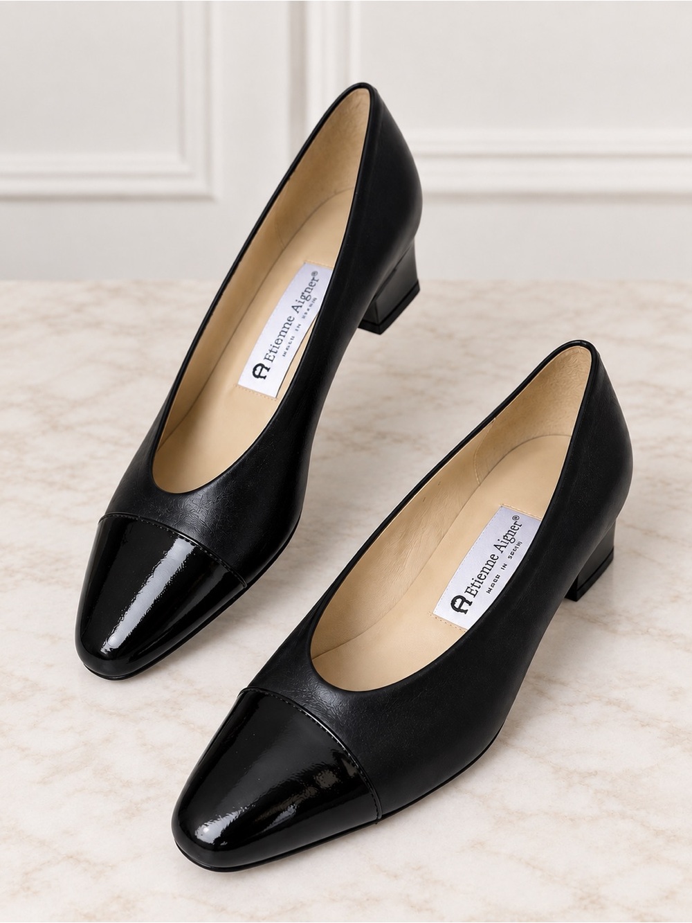 Etienne Aigner Black Leather Cap Toe Pumps Heels Made in Spain Size 7N